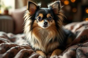 Un Chihuahua à poil long avec une robe soyeuse assis sur une couverture. Comment entretenir son pelage ?