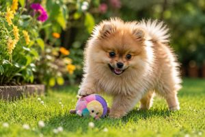 Un chiot Spitz Nain jouant dans un jardin ensoleillé. Découvrez le tempérament vif et affectueux de cette race