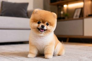 Un Spitz Nain avec une coupe « Boo » assis dans un salon chaleureux. Tout savoir sur cette coupe controversée.