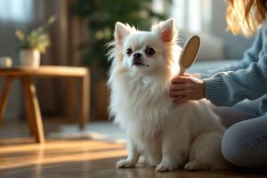 Un Chihuahua à poil long blanc en train d'être brossé par son propriétaire. Conseils pour un toilettage réussi