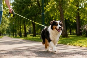 Un chien heureux en laisse rétractable dans un parc. Découvrez les avantages et inconvénients de ce type de laisse