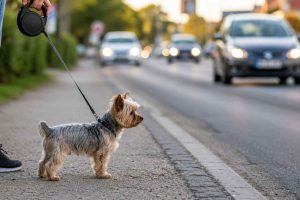 Un petit chien en laisse rétractable près d'une route. Quels sont les risques à éviter ?