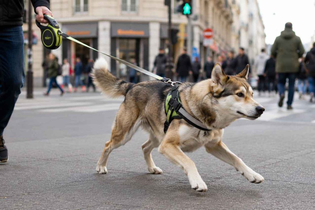 Un chien tirant sur une laisse rétractable en ville. Pourquoi ce type de laisse peut être dangereux ?
