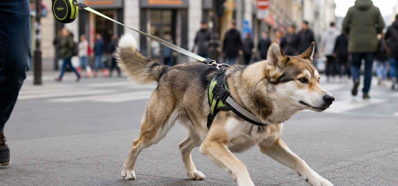 Un chien tirant sur une laisse rétractable en ville. Pourquoi ce type de laisse peut être dangereux ?