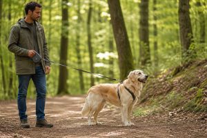 Un maître tenant une laisse rétractable avec un chien calme en forêt. Comment bien utiliser ce type de laisse ?