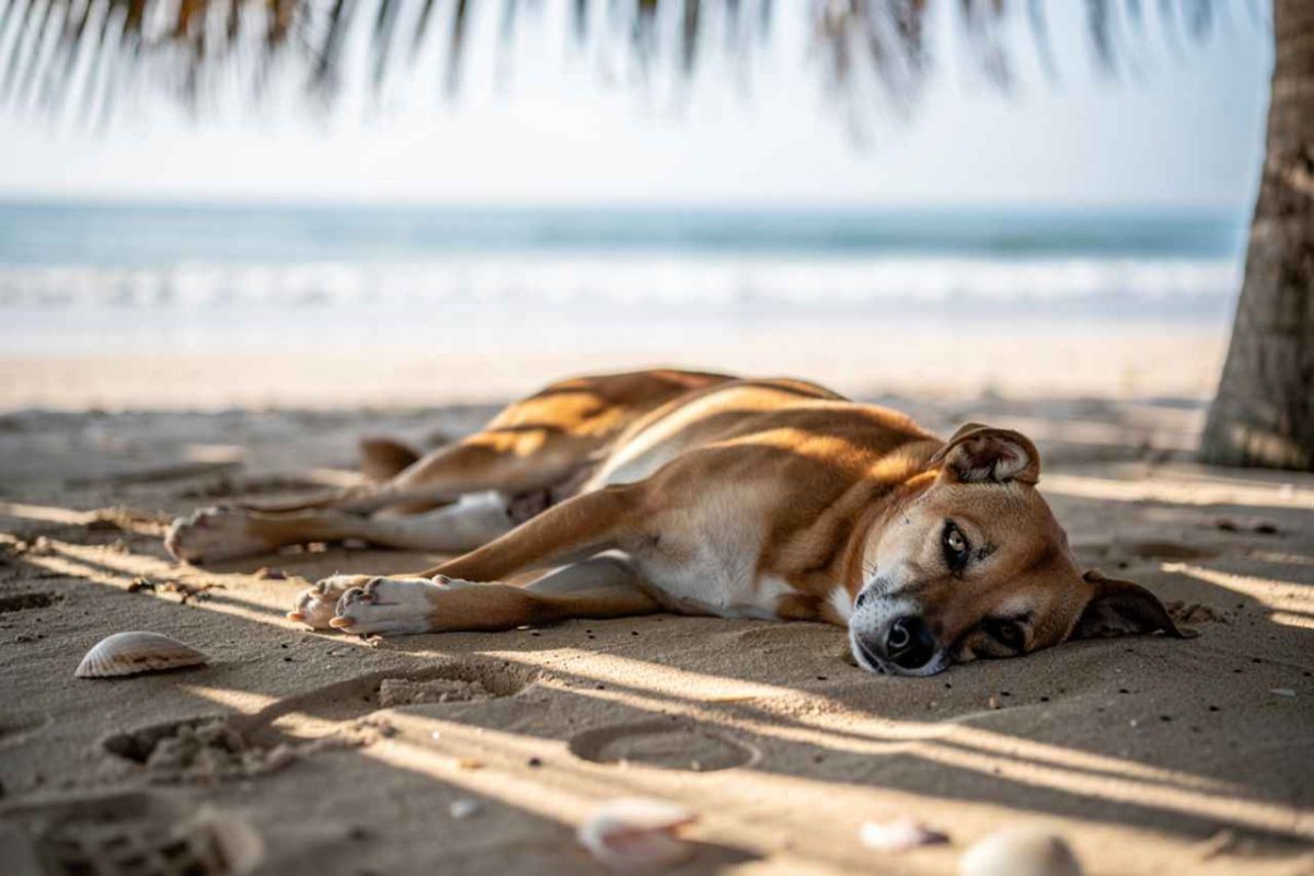 Santé canine en été : Un chien heureux se reposant à l'ombre d'un parasol sur une plage