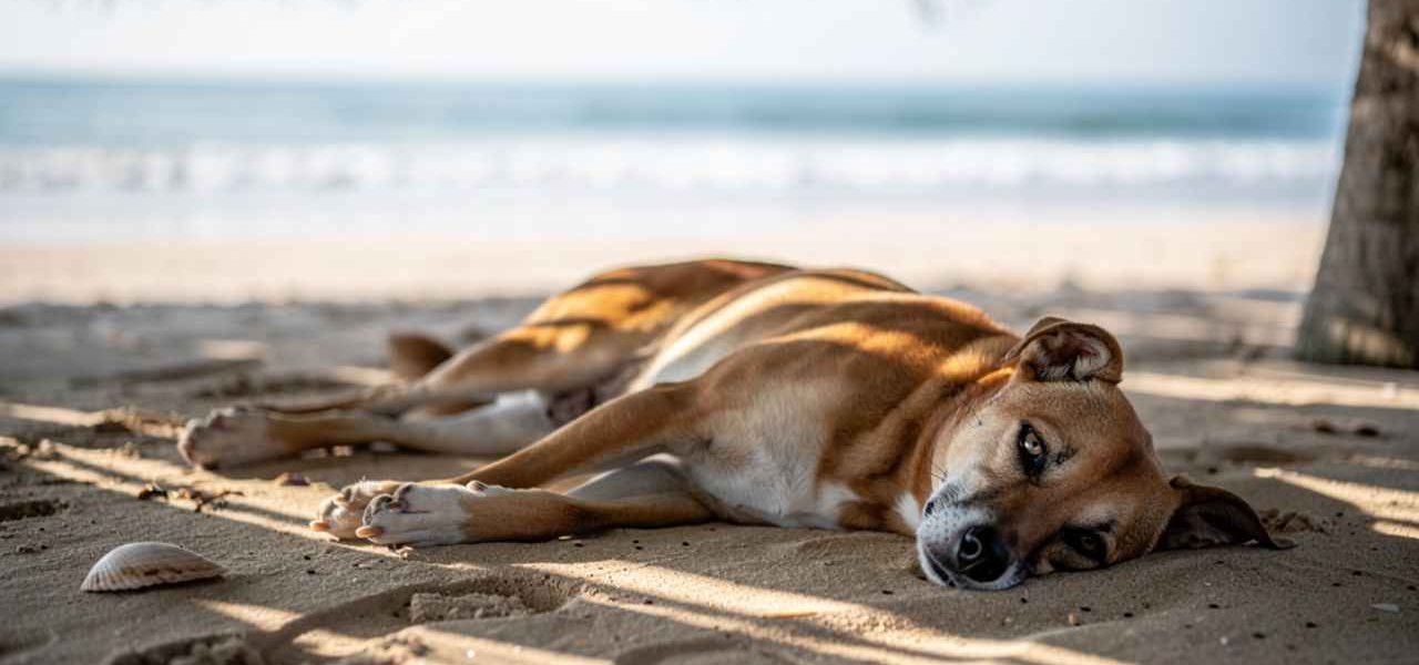 Santé canine en été : Un chien heureux se reposant à l'ombre d'un parasol sur une plage