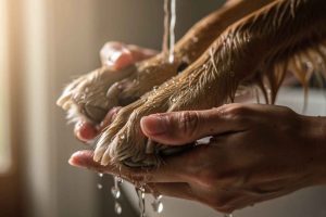 Gros plan sur le nettoyage doux des pattes d'un chien après une promenade pour éliminer les résidus irritants