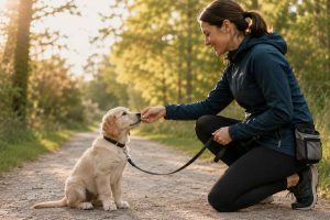 Comment utiliser le renforcement positif en balade ? Utilisez des friandises éducatives pour capter l'attention de votre chiot
