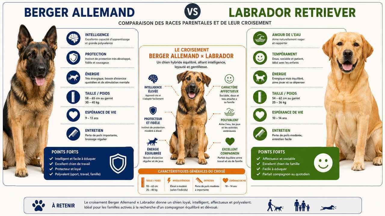DInfographie complète comparant les traits de caractère, la taille et les aptitudes du Berger Allemand, du Labrador et de leur croisement