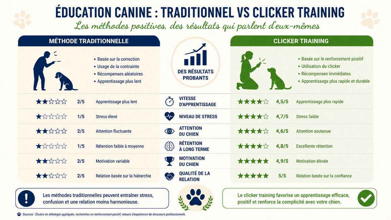 Tableau comparatif et infographie sur les bienfaits scientifiques du clicker training pour l'éducation des chiens