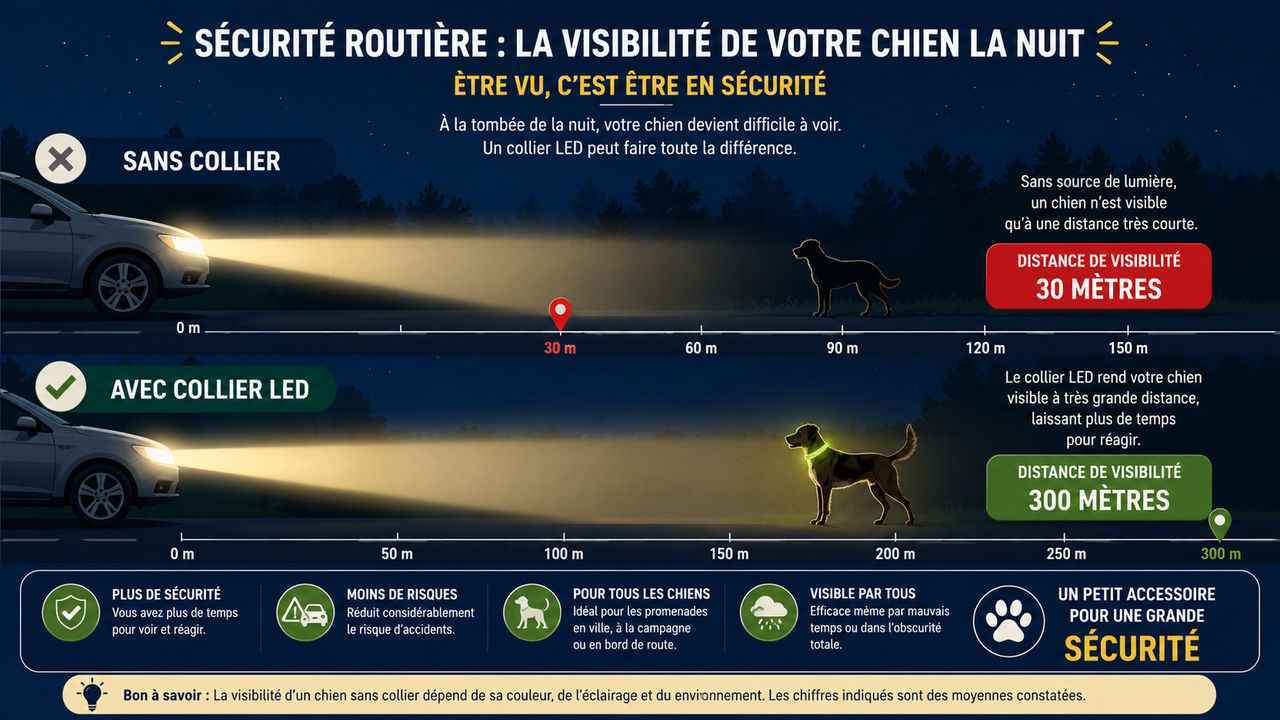 Pourquoi le collier lumineux est indispensable pour la sécurité routière de votre chien. Les chiffres clés en image.