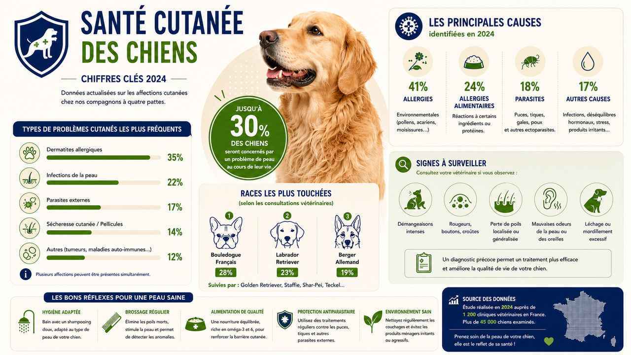 Chiffres clés 2024 sur les maladies de peau chez le chien. Apprenez à protéger l'épiderme de votre animal avec les bons outils