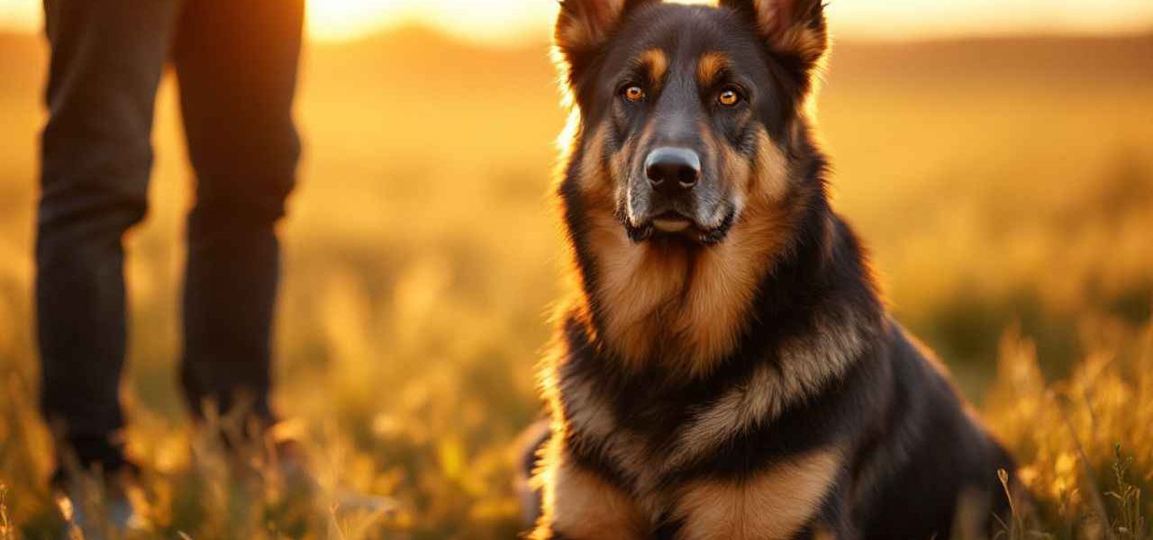 Berger Allemand croisé Beauceron adulte dans un champ au coucher du soleil : découvrez la morphologie et le regard expressif de ce grand chien de travail