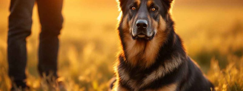 Berger Allemand croisé Beauceron adulte dans un champ au coucher du soleil : découvrez la morphologie et le regard expressif de ce grand chien de travail
