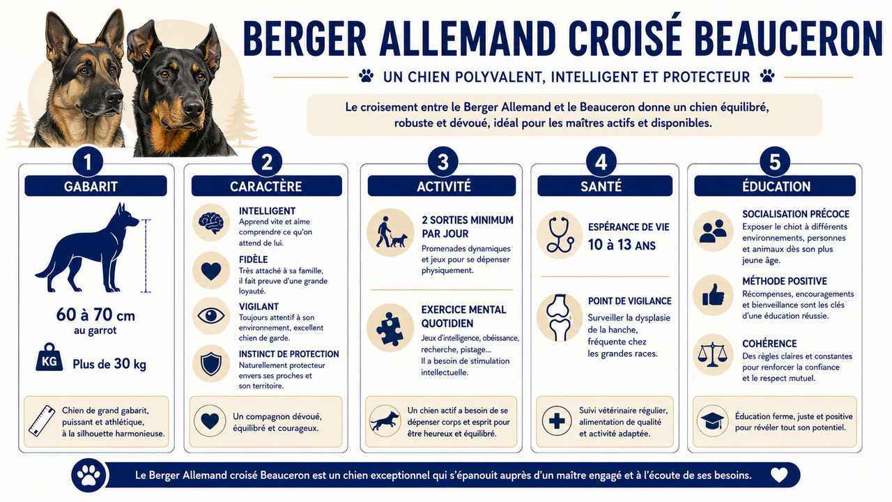 Infographie complète sur le Berger Allemand croisé Beauceron : gabarit, caractère, besoins en activité, santé et éducation en un seul visuel