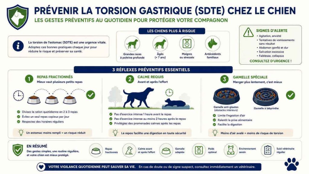 Infographie illustrant le protocole préventif complet contre le Syndrome de Dilatation Torsion de l'Estomac (SDTE) chez le chien