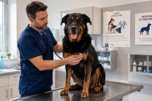 Consultation vétérinaire annuelle pour un Berger Allemand croisé Beauceron : surveillance de la dysplasie, de la santé articulaire et du suivi général