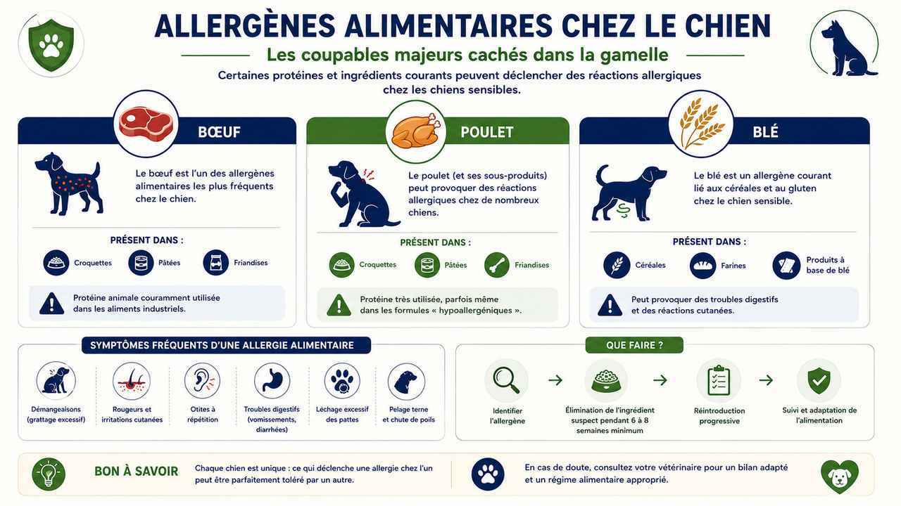 Infographie listant le bœuf et le poulet comme causes d'allergies chez le chien
