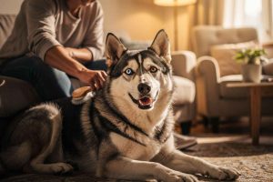 Un Berger Allemand croisé Husky (gerberian shepsky) en train de se faire brosser par son propriétaire