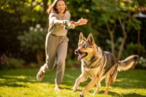 Un propriétaire jouant avec son Berger Allemand croisé Husky dans un jardin