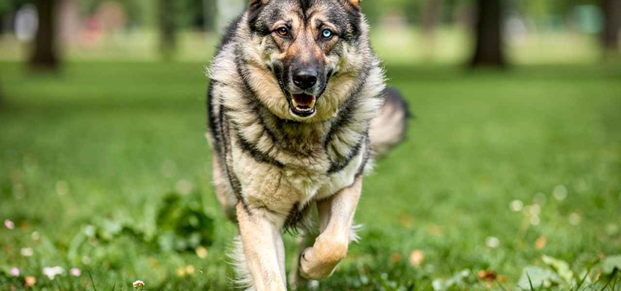 Un grand chien de berger courant dans un parc verdoyant : le le Gerberian Shepsky (Berger Allemand croisé Husky)