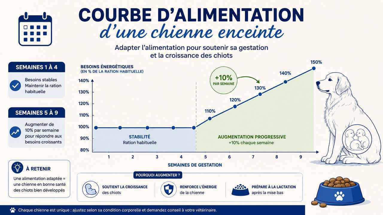 Graphique et guide visuel pour savoir quand augmenter la quantité de nourriture de votre chienne enceinte